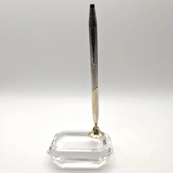 Asfour Crystal Emerald Cut Desk Pen Holder Gold-tone Swivel Base Fits Cross Pens