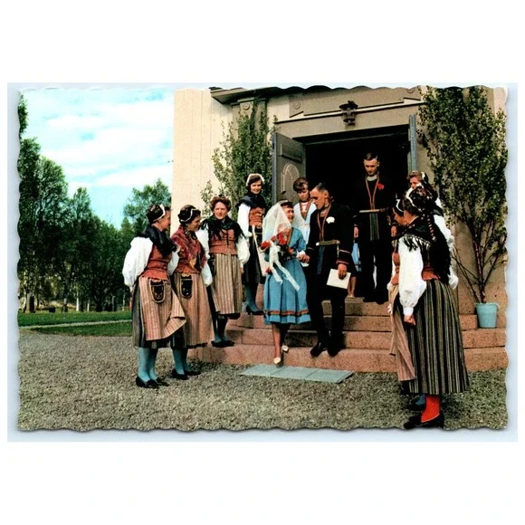 Traditional Swedish Wedding‎ Folk Costume Dalarna Samebröllop c1950s Postcard