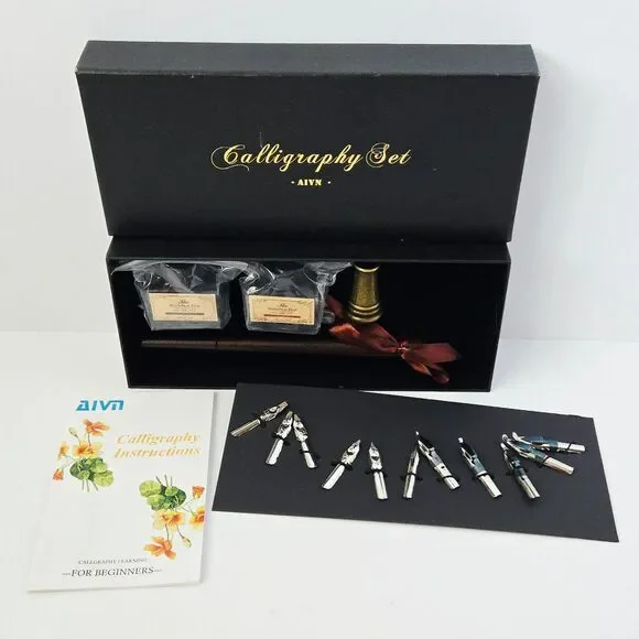 Beginner Calligraphy Set Starter Kit w/ Wooden Dip Pen 2 Ink Bottles Steel Nibs
