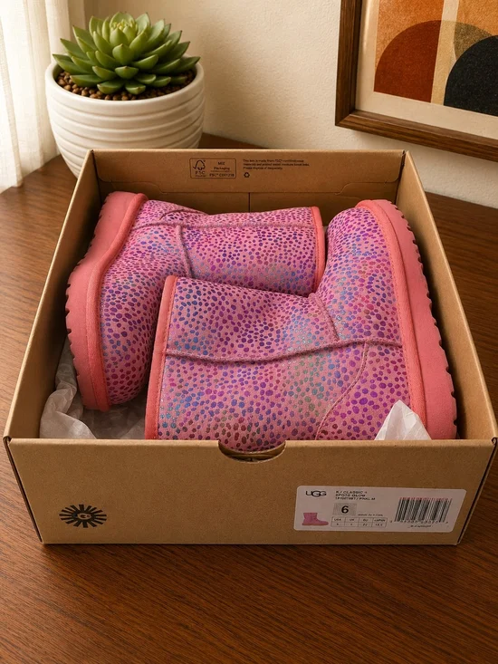UGG Kids Classic II Spots Boots Pink Leopard Print Size 6