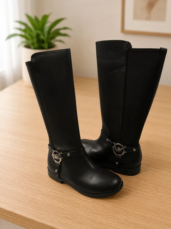 Michael Kors Black Tall Leather Riding Boots with MK Logo For Little Girl
