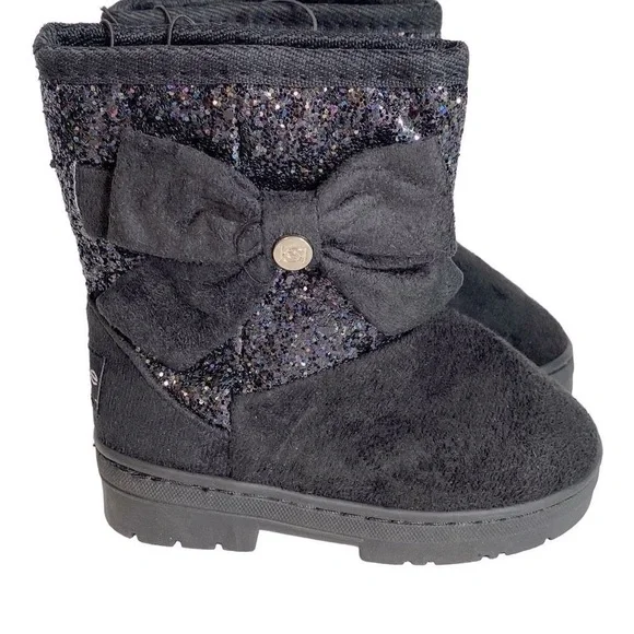 New Bebe Girls Black with Glitter and Bow Faux Suede Boots Size 7 Faux Fur Linin