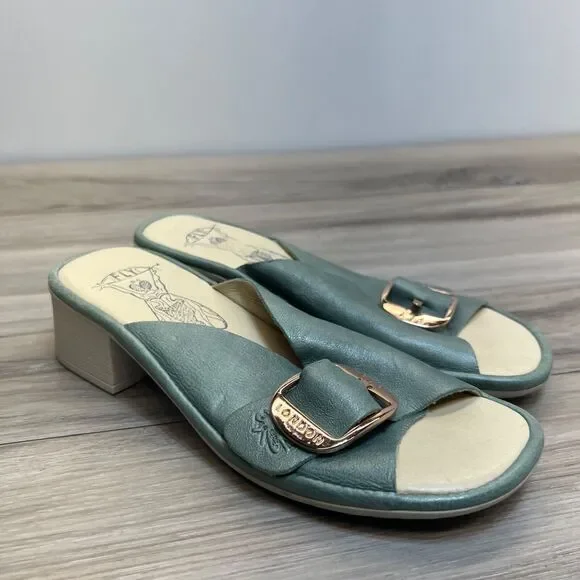 FLY London - Leather Mules Sandals Buckle Detail Elax Jade Green Size 37 6.5 - 7
