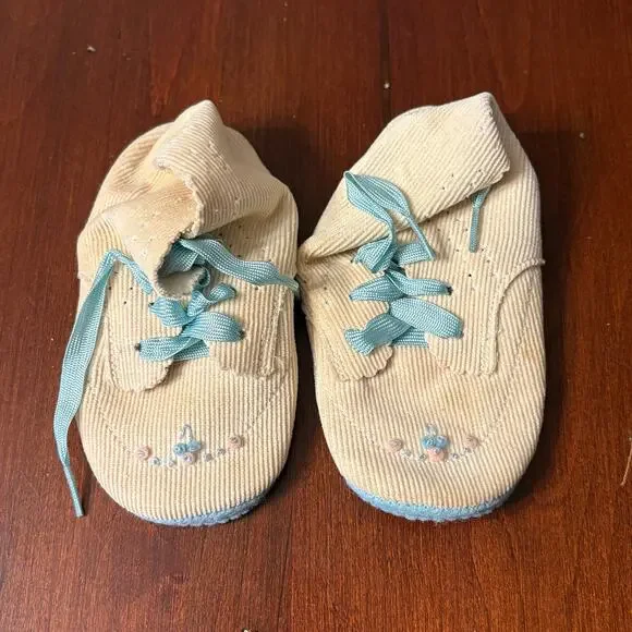 Vintage Cream Corduroy Baby Booties Blue Laces & Floral Embroidery