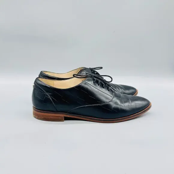 Cole Haan Shoes Women 8 Black Leather Croc Embossed Oxford Flats Lace Up Classic