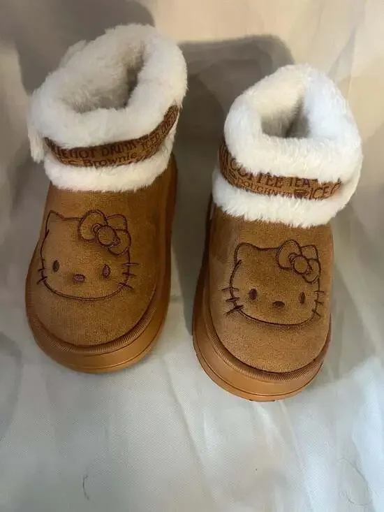Hello Kitty Faux Suede Winter Boots Chestnut Tan Brown White Fur Kids 12.5-13.5