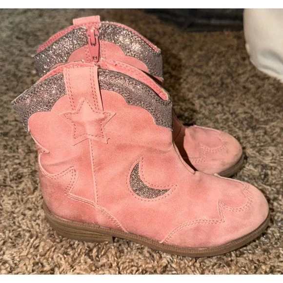 Cat & Jack Isabella Pink Glitter Trim Cowboy Boots Size 11