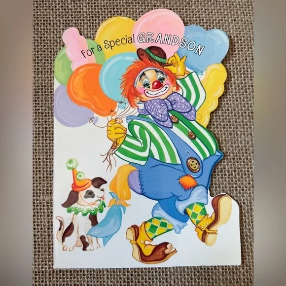 Vintage Hallmark Clown Balloons Dogs Circus Grandson Birthday Greeting Card