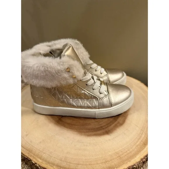 Michael Kors Poloma Fluff Sneaker Gold Boots Logo Monogram Fur Trim Girls‎ Sz-13