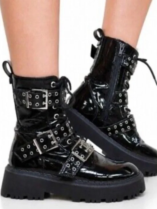 Zara black patent leather buckle combat moto boots, featuring a glossy finish 34