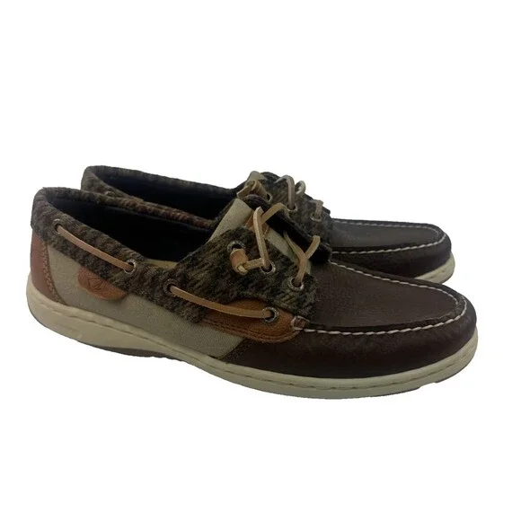 Sperry Boat Shoe Flat‎ Loafer Brown Pebbled Leather Plaid Memory Foam Womens 8.5