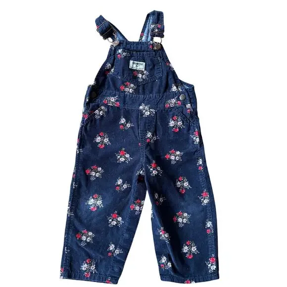 OshKosh B'gosh Floral Corduroy Overalls 18M Navy Blue Adjustable Straps