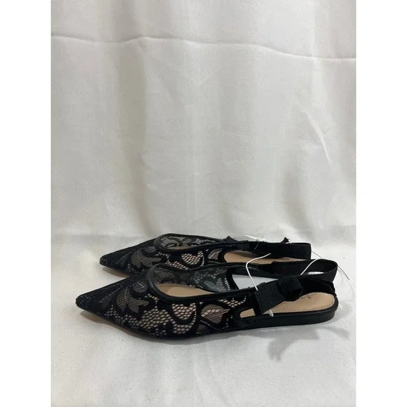 A New Day Womens Black Floral Lace‎ Slingback Pointed Toe Flats Shoes Size 7.5