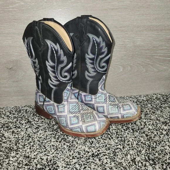 Roper Glitter Diamond Western Square Toe Boots Kids Girls Size 11 Cowgirl Rodeo