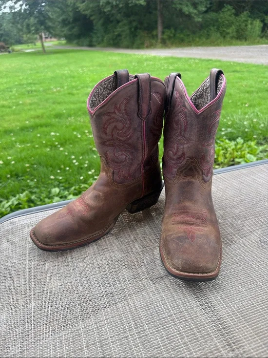 Dan Post Brown Leather Kids Western Boots with Purple tops and Pink Trim