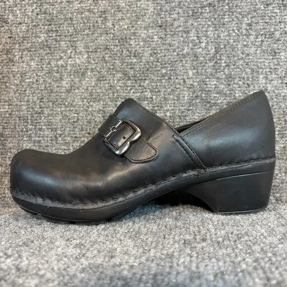 Bjorndal Black Leather Buckle Strap Clogs Wedge Comfort Mules Shoes Size 8.5