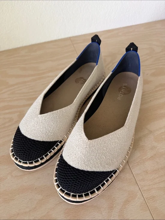 Rothy's Women's Two-Tone Knit Espadrille Flats in Beige and Black - size 10