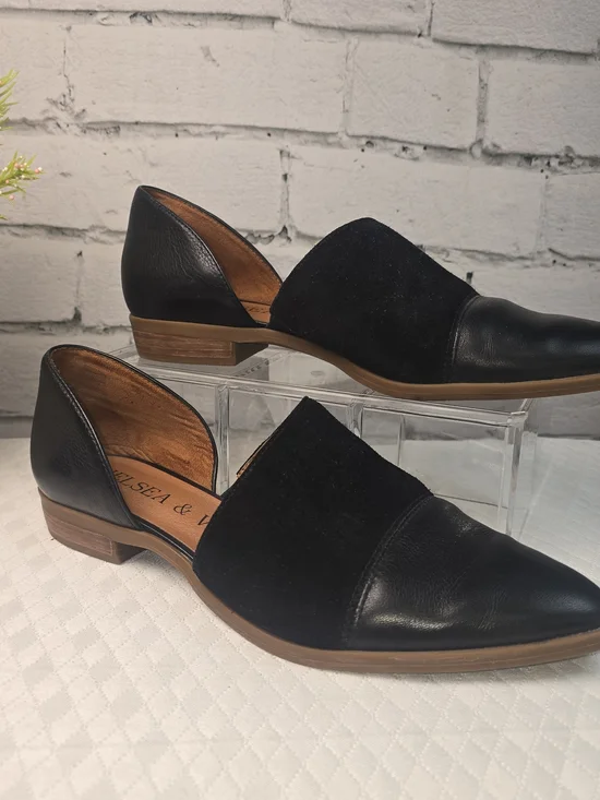 CHELSEA & VIOLET BLACK LEATHER PIPPA FLATS POINTED TOE d'ORSAY CUT OUT WOMENS 8M