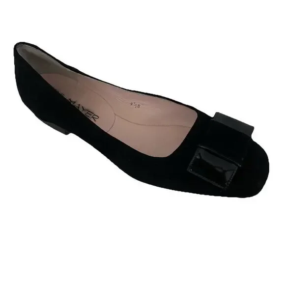 Paul Mayer Attitudes Ballet Flat Black Suede Patent Leather Bow Square T…