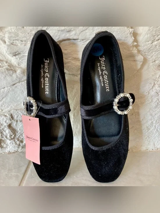 NWT Juicy Couture Black Velvet Mary Jane Flats with Pearl-Embellished Buckle