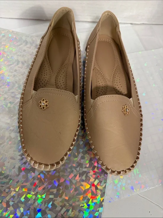 Women's Beige Slip-On Moccasin Flats with Gold Accent