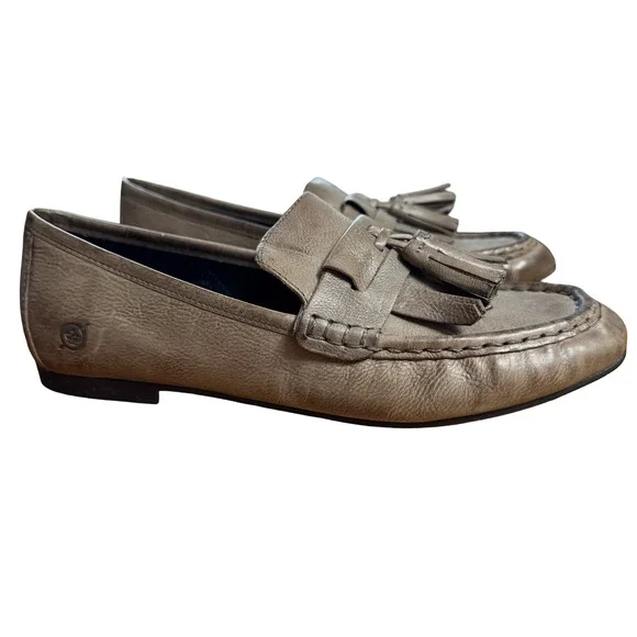 Born Charen Womens Taupe Tassel Leather Slip On Flats Loafers Casual Shoes sz 7