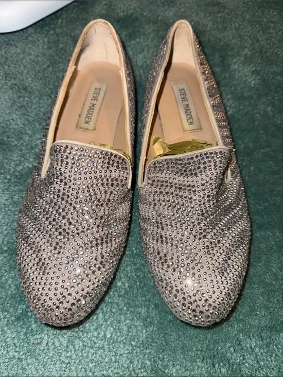 Steve Madden Conncord Silver Crystal-Embellished Slip-On Zebra Flats size 7.5