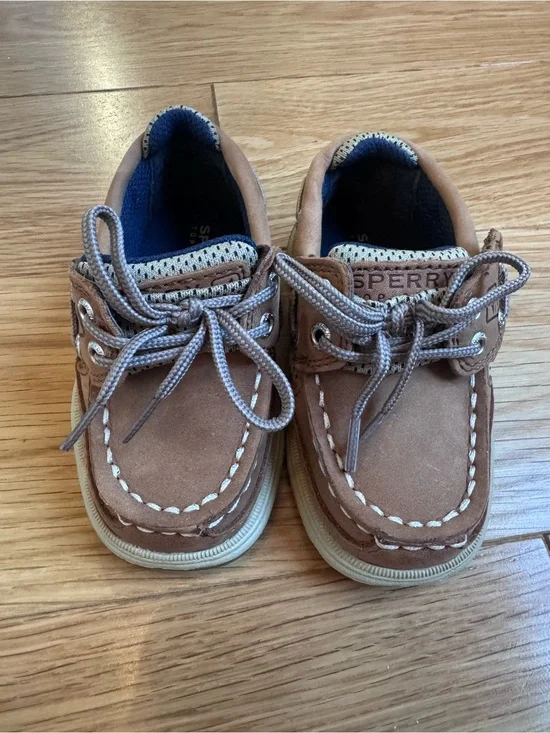 Sperry Toddlers Brown Suede Boat Shoes with Laces and Velcro opening