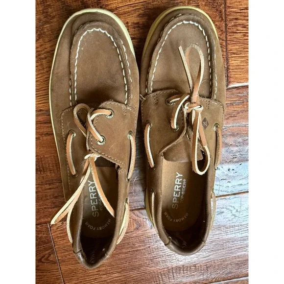 Sperry Top-Sider Kids Brown Leather Boat Shoes Memory Foam Loafers Size 2W