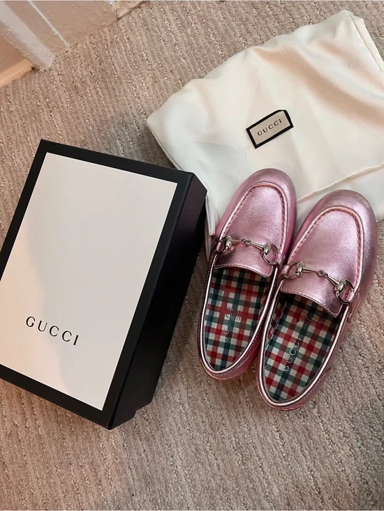 Girls Gucci Metallic Pink Horsebit Loafers with Plaid Lining