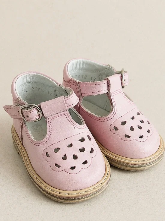 Retro Pink Leather Mary Jane Toddler Shoes T-Strap Cutout Sandals