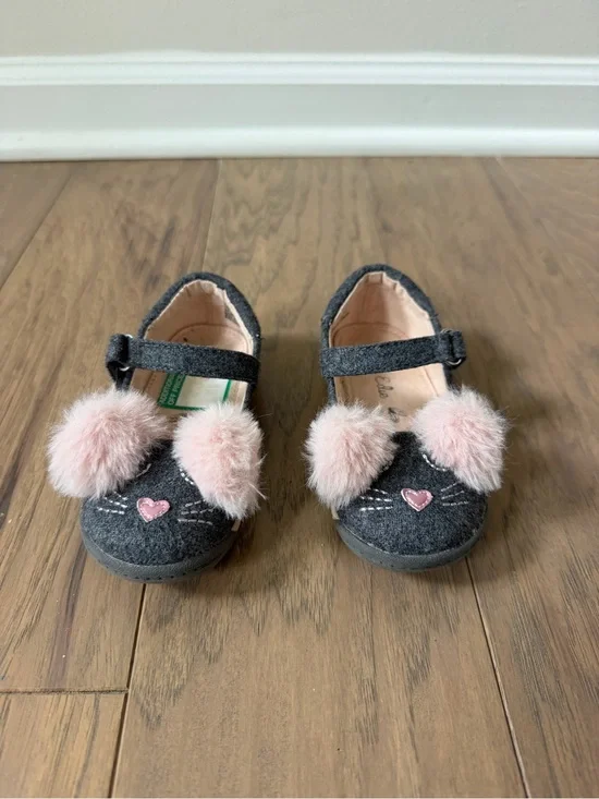 Girls Dark Gray Mary Jane Shoes with Pink Pom-Pom Accents