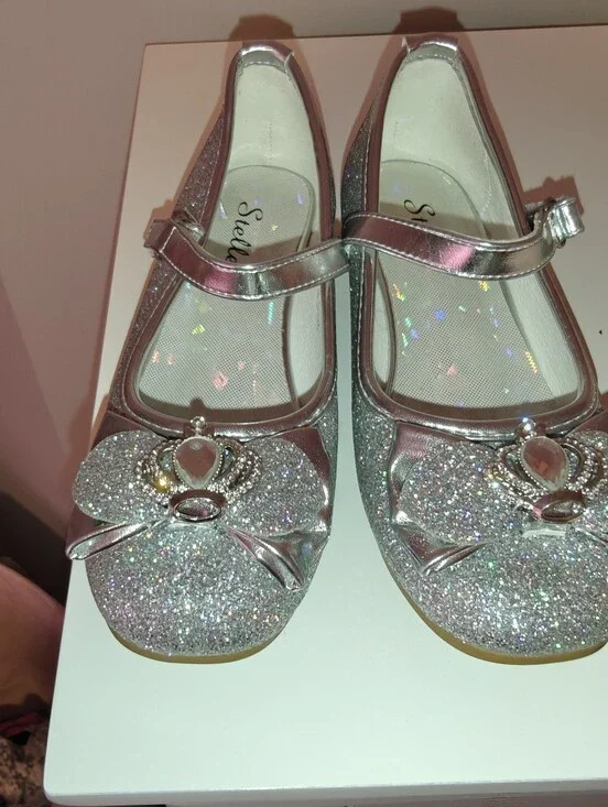 Kids Sparkle Mary Jane Shoes with Crown Accent - Silver