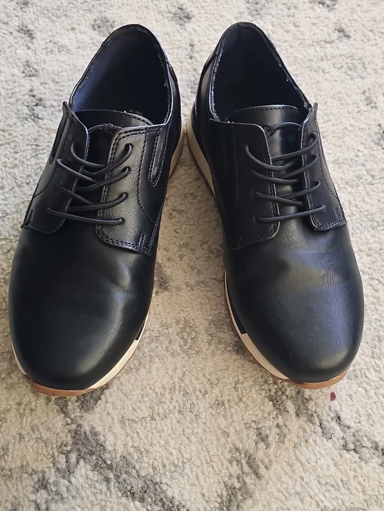 Boys Kenneth Cole Black Leather Like Derby with Tan Outsole
