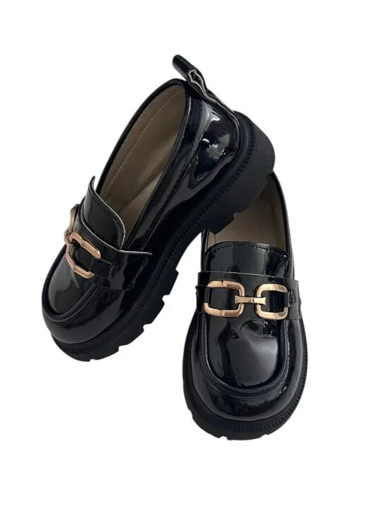 Zara Kids Black Patent Chunky Loafers Gold Buckle Size 30 (US 12)
