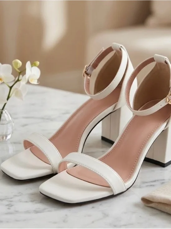 Women's White Block Heel Ankle-Strap Sandals