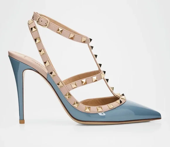 Valentino Rockstud 100mm Grey Blue Patent Poudre Nude Ankle Strap Heel Pump 36.5