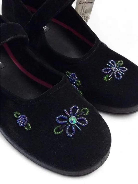 Expressions Vintage Y2K Black Suede Beaded Floral Mary Jane Shoes Girls 4 NWT