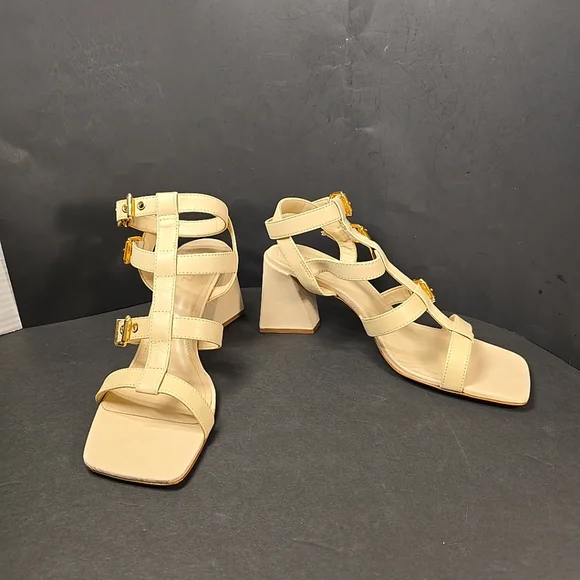 SCHUTZ Yala‎ Block Sandal Womens Size 10 Eggshell Color With Gold Buckles New