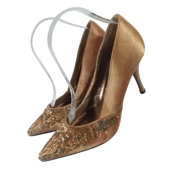 DELICIOUS! TAWNY GOLD SATIN, ELABORATELY BEADED & JEWELED STILETTO HEELS! SZ 8M