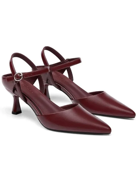 Women's Burgundy Kitten Heels Closed Pointed Toe Pumps Adjustable Strap Shoes