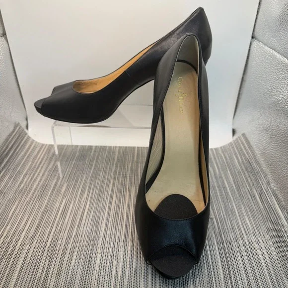 Cole Haan Chelsea Peep Toe Pumps Size 10B Black‎ Leather Platform Stiletto Heels