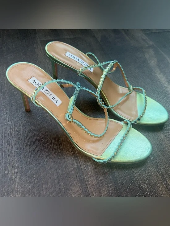 Aquazzura Metallic Mint Green Scalloped Strap Heels 39