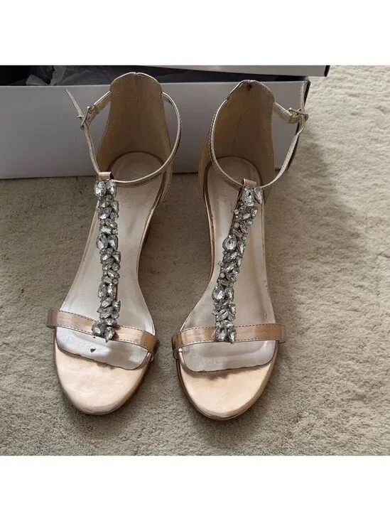 David’s Bridal Mina Rose Gold Elegant Women's wedge Sandals w/Crystals Detail
