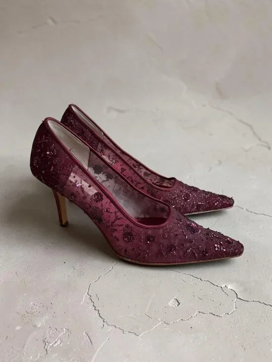 LORD & TAYLOR Purple Embellished Beaded Floral Heels Size 8.5