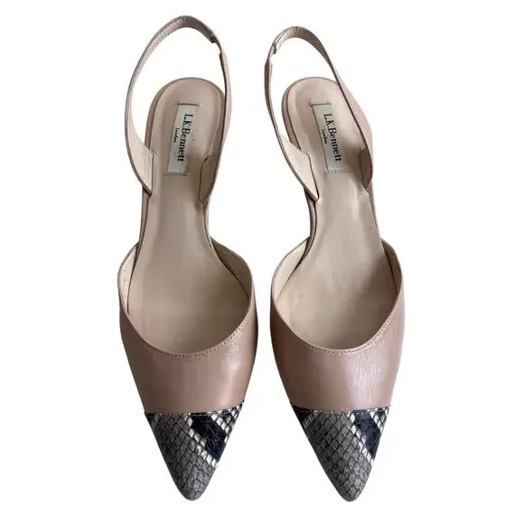 L.K. Bennett London EU39.5 Nude Leather Slingback Heels Snakeskin Cap Toe Spain
