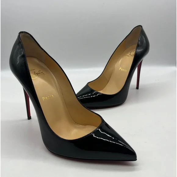 Christian Louboutin Black Patent Leather Pointed Toe Stilettos with Red Sole