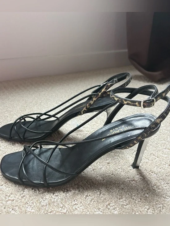 Saint Laurent Black Strappy Heeled Sandals with Leopard Accent Size 39