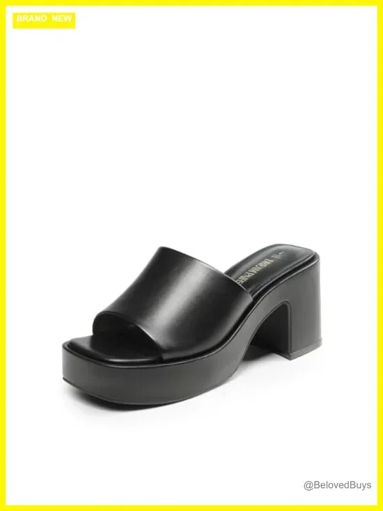 Chunky Platform Heel Sandals Square Toe Slip On Faux Leather