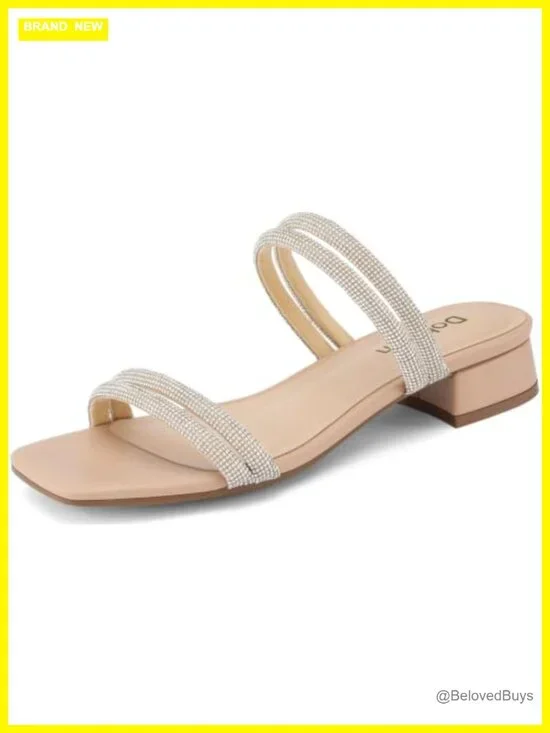 1.3 Inch Strappy Square Open Toe Rhinestone Block Heel Sandals Dressy